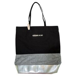 Victorias Secret Tote Bag Cloth Black Silver Glitter NWT
